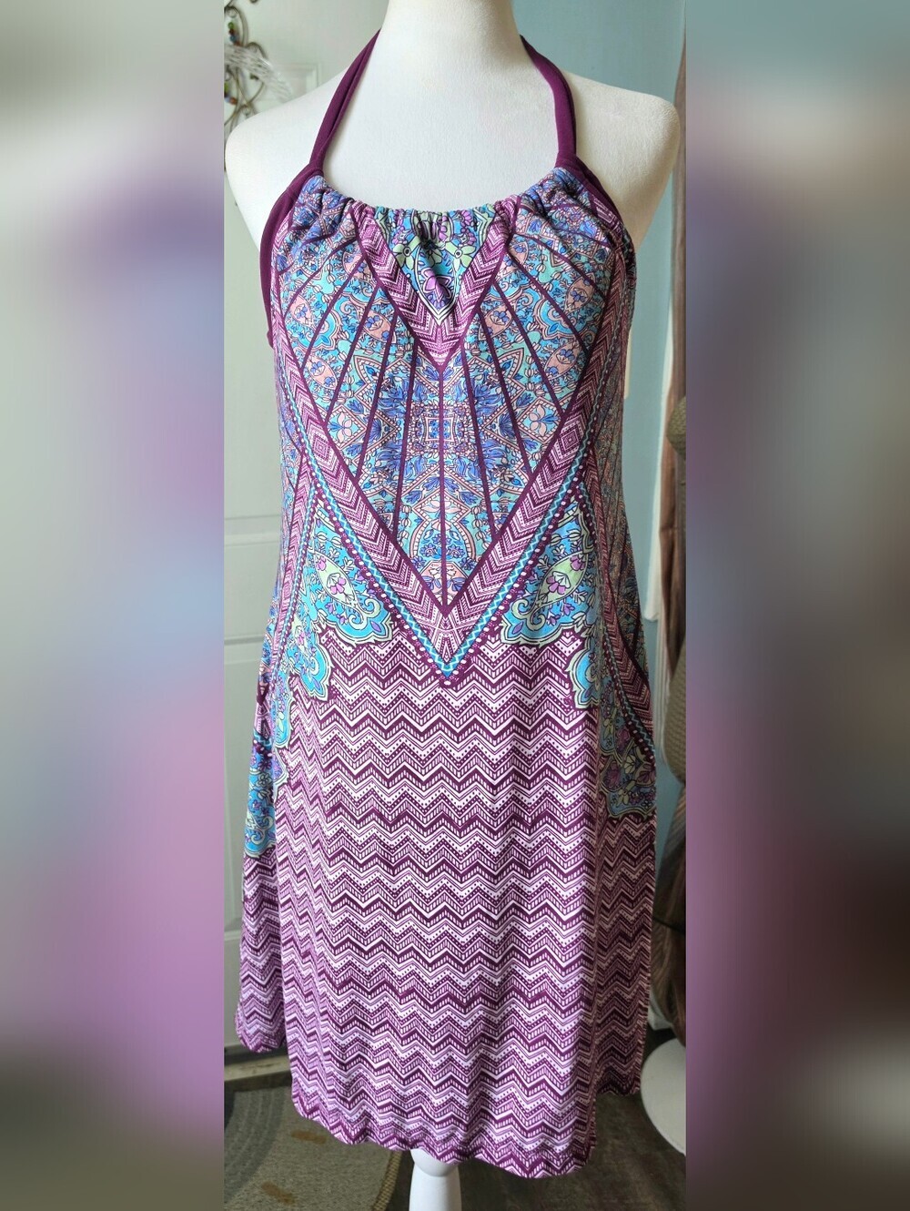 Prana Quinn Racerback Shelf Bra Midi Dress Women's L Purple Teal Grapevine Samba - Picture 2 of 12